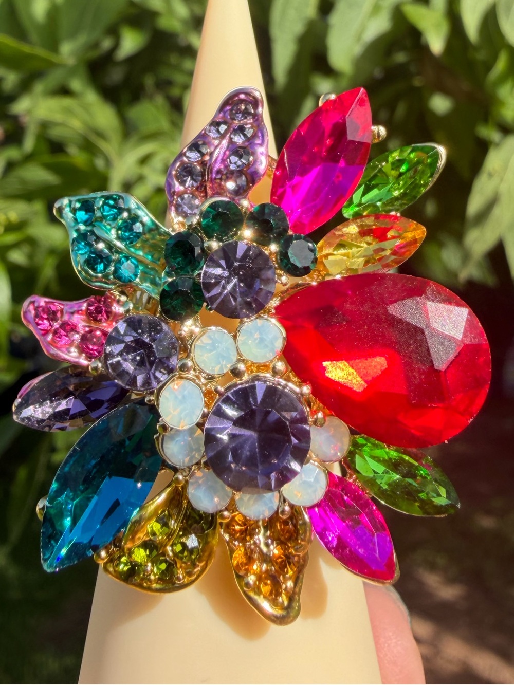Multicolor Rhinestone Crystal Flower Stretch Cocktail Ring - Women Jewelry